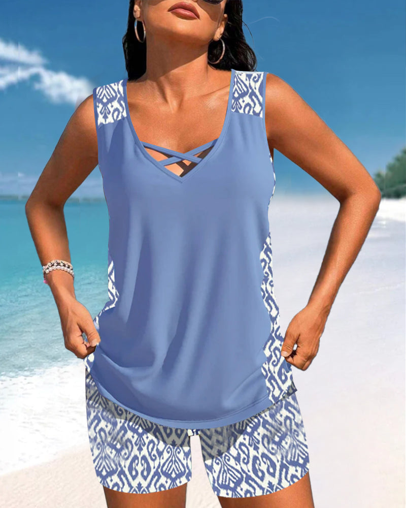 Tankinis with Geometric Pattern and V-Neck