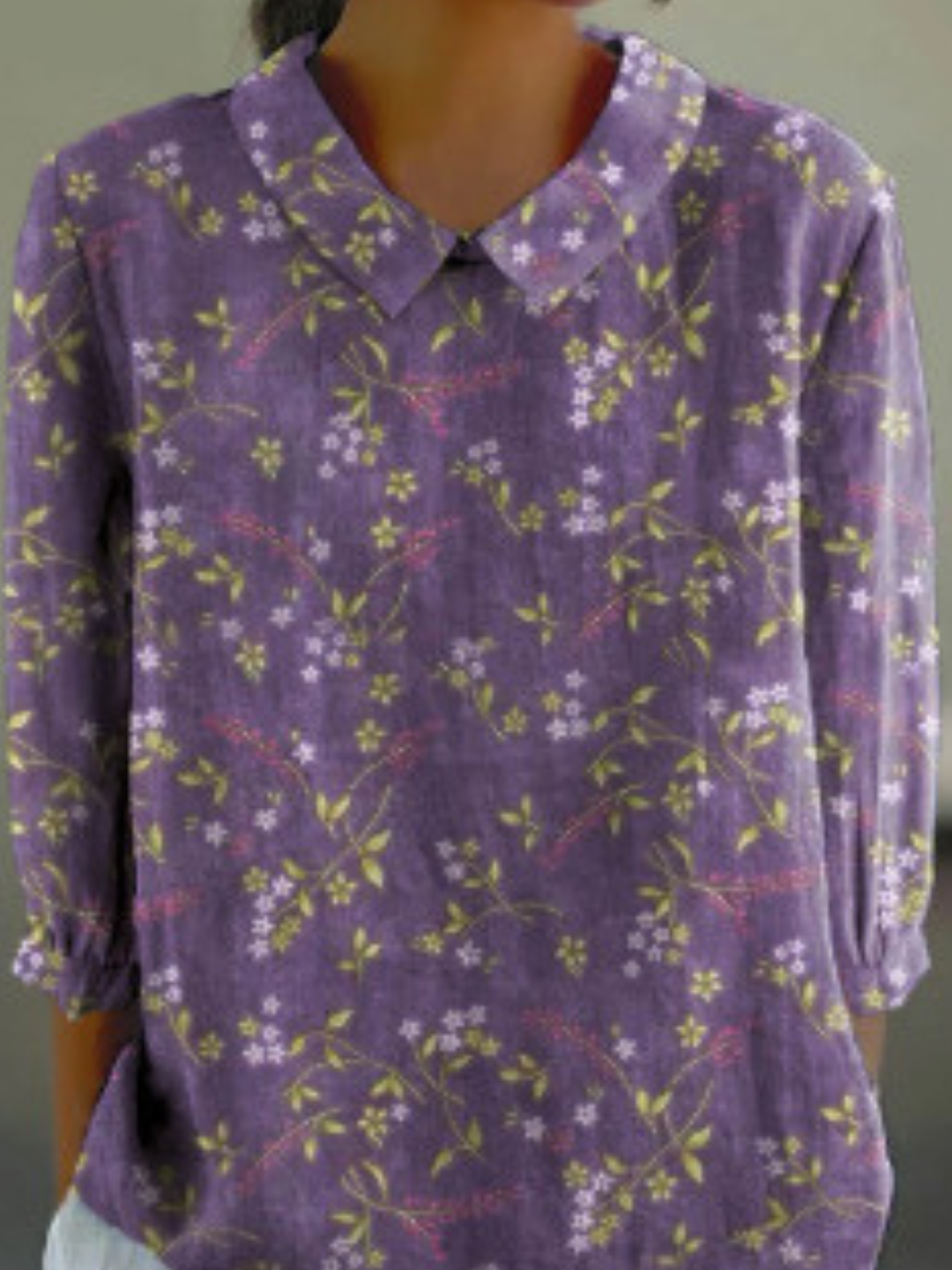Artistic Shirt with Delicate Flowers in Purple and Yellow
