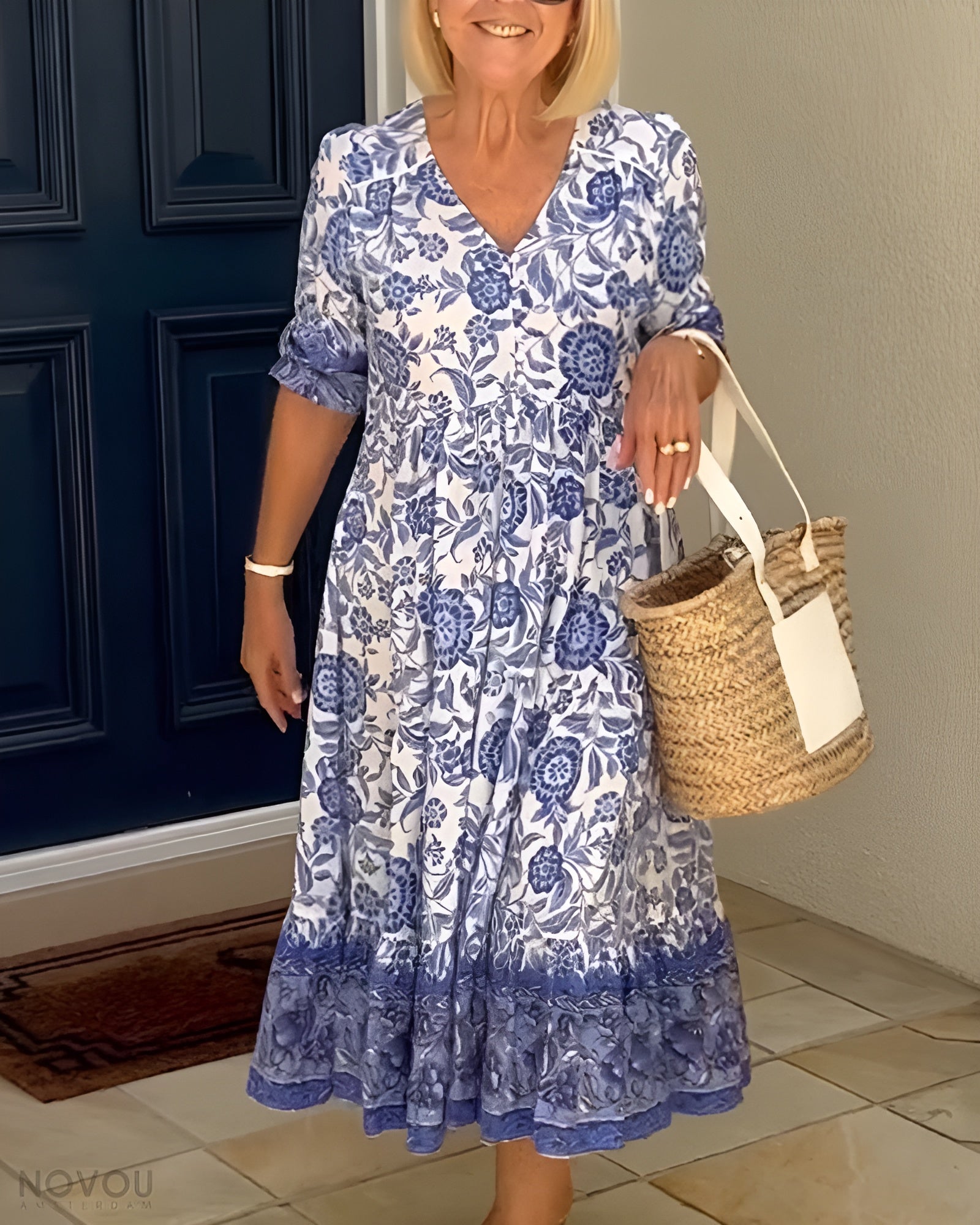 Sandrah™ | FLORAL BELLY-COVERING DRESS WITH V-NECK