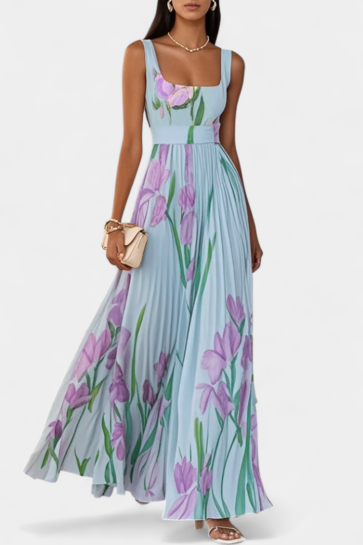 Calanthe Long Pleated Dress with Floral Print and Square Neckline