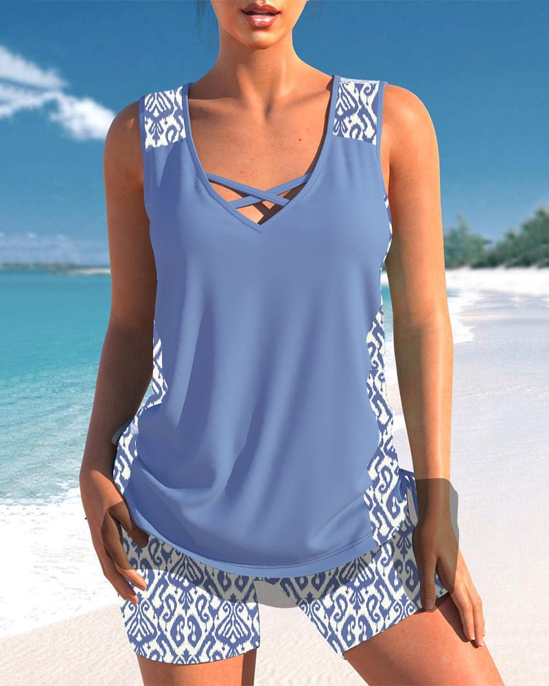 Tankinis with Geometric Pattern and V-Neck