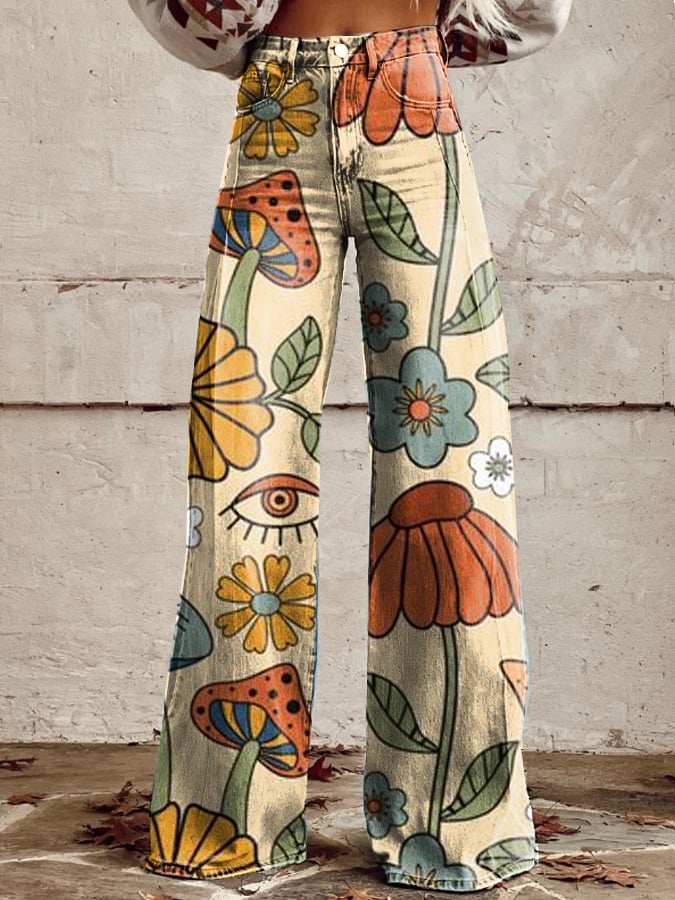 Zora | Retro Floral Print Wide-Leg Jeans