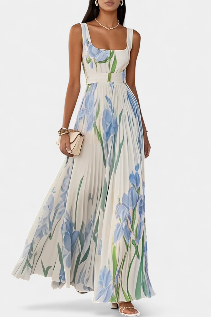Calanthe Long Pleated Dress with Floral Print and Square Neckline